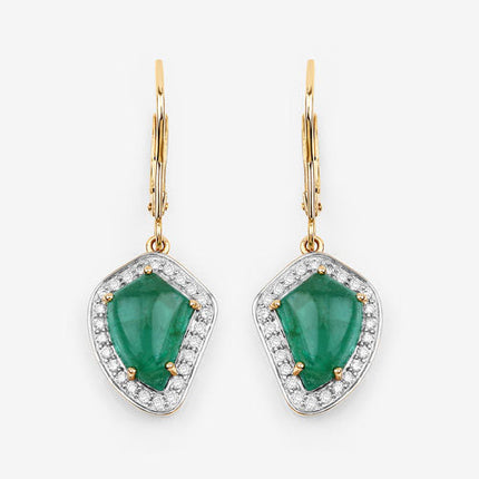 6.40 Carat Genuine Colombian Emerald and White Diamond 14K Yellow Gold Earrings