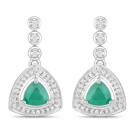 1.39 Carat Genuine Zambian Emerald and White Diamond 14K White Gold Earrings