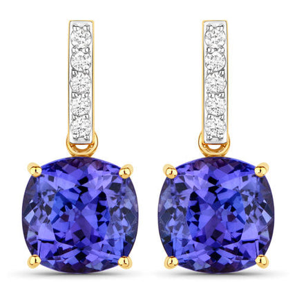 5.64 Carat Genuine Tanzanite and White Diamond 14K Yellow Gold Earrings