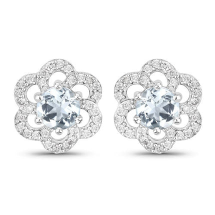 0.61 Carat Genuine Aquamarine and White Diamond 14K White Gold Earrings