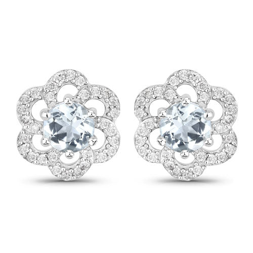 0.61 Carat Genuine Aquamarine and White Diamond 14K White Gold Earrings