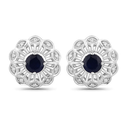 0.60 Carat Genuine Blue Sapphire and White Diamond 14K White Gold Earrings
