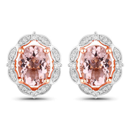 3.52 Carat Genuine Morganite and White Diamond 14K Rose Gold Earrings