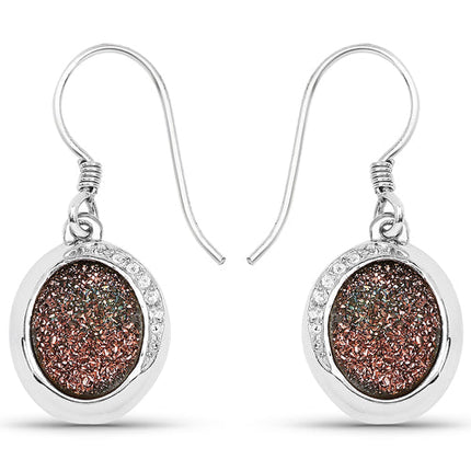 4.72 Carat Genuine Copper Bloom Drusy and White Topaz .925 Sterling Silver Earrings