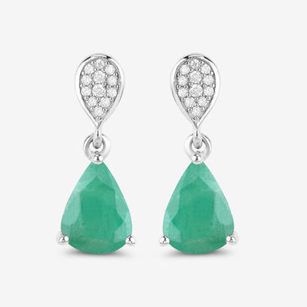 2.28 Carat Genuine Zambian Emerald and White Diamond 10K White Gold Earrings