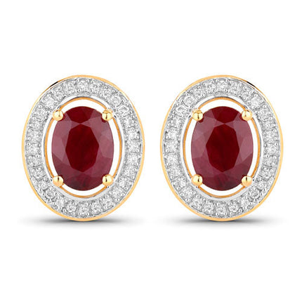2.12 Carat Genuine Ruby and White Diamond 14K Yellow Gold Earrings