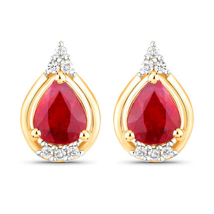 1.36 Carat Genuine Ruby and White Diamond 14K Yellow Gold Earrings