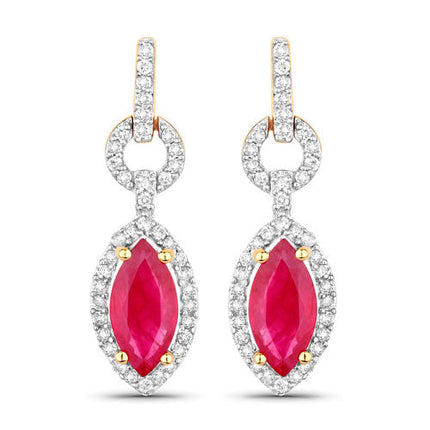 1.23 Carat Genuine Ruby and White Diamond 14K Yellow Gold Earrings