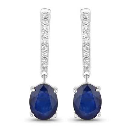 3.24 Carat Genuine Blue Sapphire and White Diamond 14K White Gold Earrings