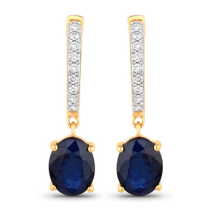 3.24 Carat Genuine Blue Sapphire and White Diamond 14K Yellow Gold Earrings