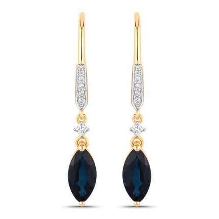 2.73 Carat Genuine Blue Sapphire and White Diamond 14K Yellow Gold Earrings