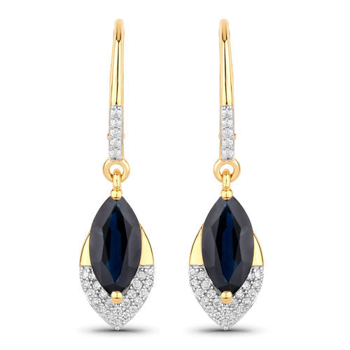 2.79 Carat Genuine Blue Sapphire and White Diamond 14K Yellow Gold Earrings