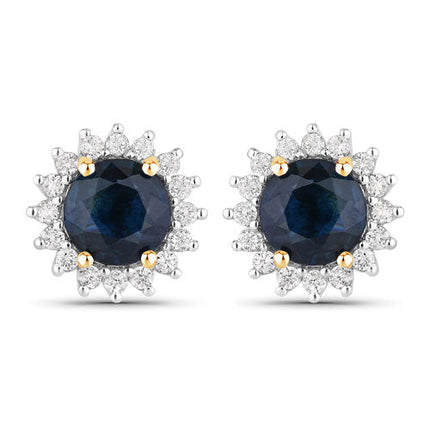 2.38 Carat Genuine Blue Sapphire and White Diamond 14K Yellow Gold Earrings
