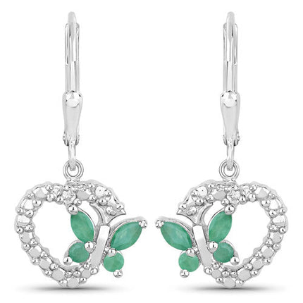 0.44 Carat Genuine Emerald and Created White Sapphire .925 Sterling Silver Earrings