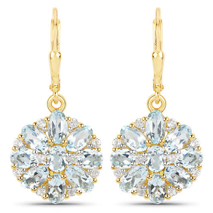 18K Yellow Gold Plated 4.58 Carat Genuine Blue Topaz and White Topaz .925 Sterling Silver Earrings