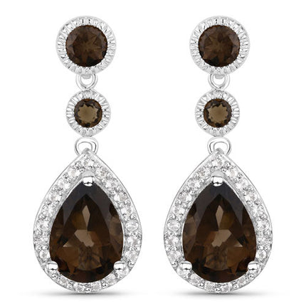 7.34 Carat Genuine Smoky Quartz and White Topaz .925 Sterling Silver Earrings