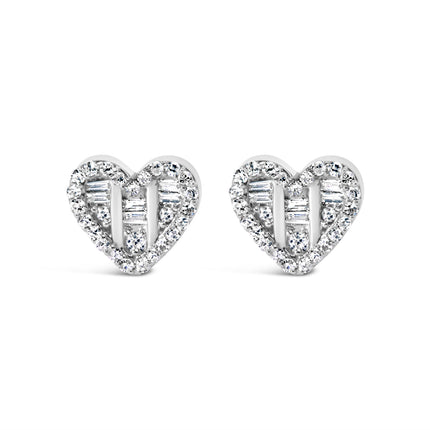 14K Yellow Gold Plated .925 Sterling Silver 1/2 Cttw Round and Baguette Diamond Composite Heart Shaped Stud Earring (I-J Color, SI2-I1 Clarity)