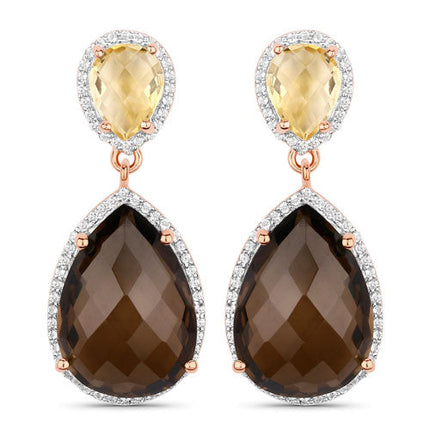20.80 Carat Genuine Smoky Quartz and Citrine 925 Sterling Silver Earrings