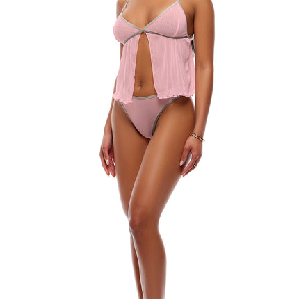 Home Body 2-Piece Sheer Mesh Babydoll Cami Set - Pink