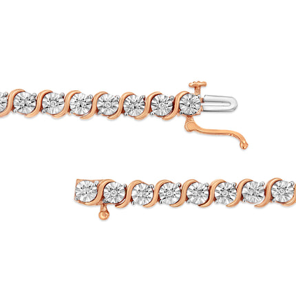 14K Rose Gold Plated .925 Sterling Silver 1/10 Cttw Diamond Round Miracle Plate and "S" Link Tennis Bracelet (I-J Color, I2- I3 Clarity) - 7"