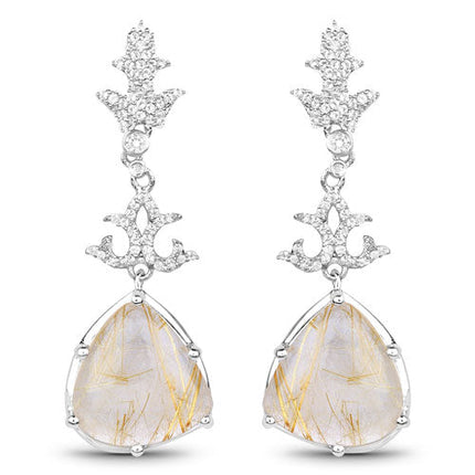 15.97 Carat Genuine Golden Rutile And White Topaz .925 Sterling Silver Earrings