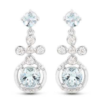 4.42 Carat Genuine Aquamarine and White Zircon .925 Sterling Silver Earrings