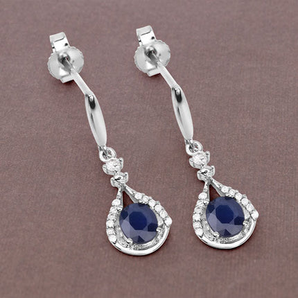0.86 Carat Genuine Blue Sapphire and White Diamond 14K White Gold Earrings