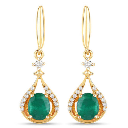 0.70 Carat Genuine Zambian Emerald and White Diamond 14K Yellow Gold Earrings