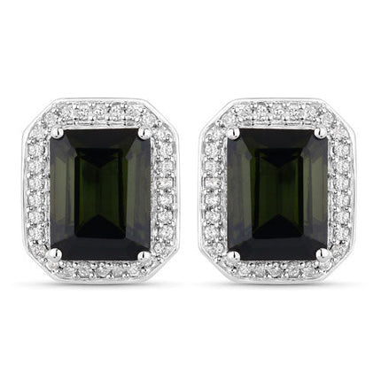 3.57 Carat Genuine Green Tourmaline and White Diamond 14K White Gold Earrings