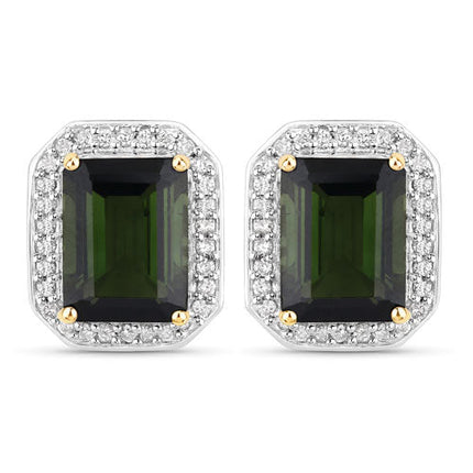 3.57 Carat Genuine Green Tourmaline and White Diamond 14K Yellow Gold Earrings