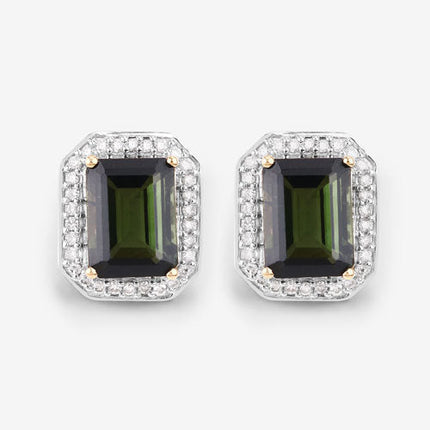 3.57 Carat Genuine Green Tourmaline and White Diamond 14K Yellow Gold Earrings