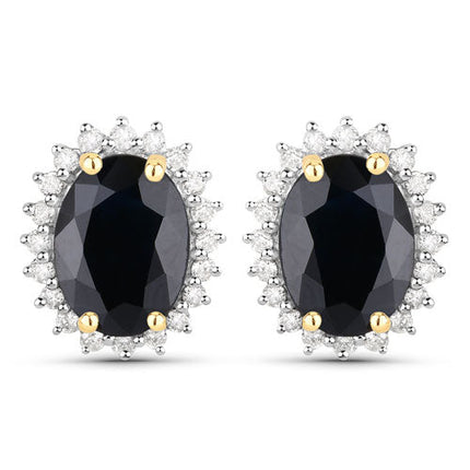 3.32 Carat Genuine Blue Sapphire and White Diamond 14K Yellow Gold Earrings
