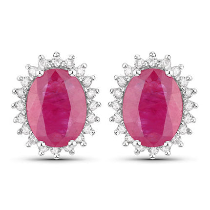 3.14 Carat Genuine Ruby and White Diamond 14K White Gold Earrings