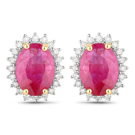 3.14 Carat Genuine Ruby and White Diamond 14K Yellow Gold Earrings