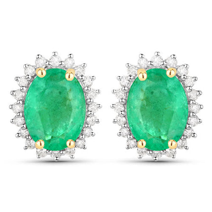 2.66 Carat Genuine Zambian Emerald and White Diamond 10K Yellow Gold Earrings