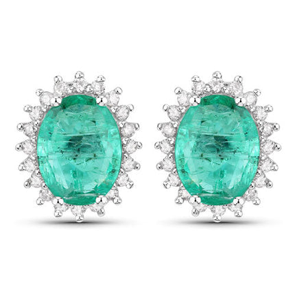 2.66 Carat Genuine Zambian Emerald and White Diamond 14K White Gold Earrings