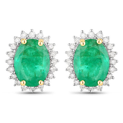 2.66 Carat Genuine Zambian Emerald and White Diamond 14K Yellow Gold Earrings