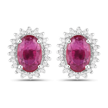1.16 Carat Genuine Ruby and White Diamond 14K White Gold Earrings
