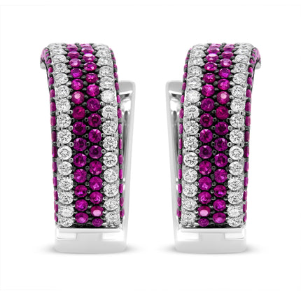 18K White Gold 1 7/8 Cttw Diamond and 1mm Round Red Ruby Open Swish Hoop Earrings (F-G Color, VS1-VS2 Clarity)