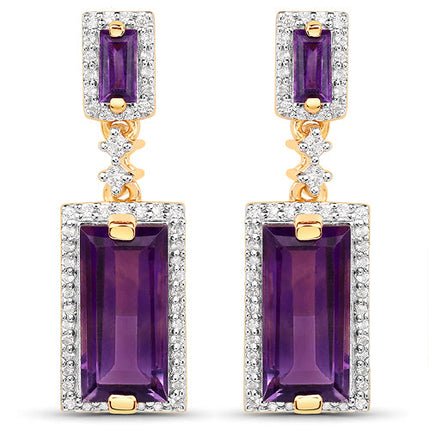 18K Yellow Gold Plated 6.01 Carat Genuine Emerald and White Topaz .925 Sterling Silver Earrings