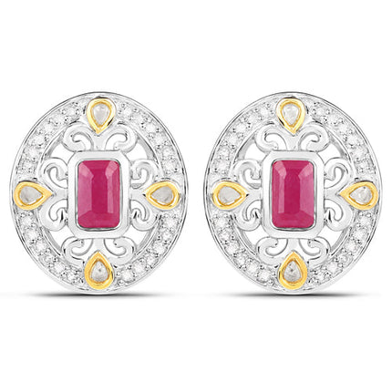 0.77 Carat Genuine Ruby and White Diamond .925 Sterling Silver Earrings