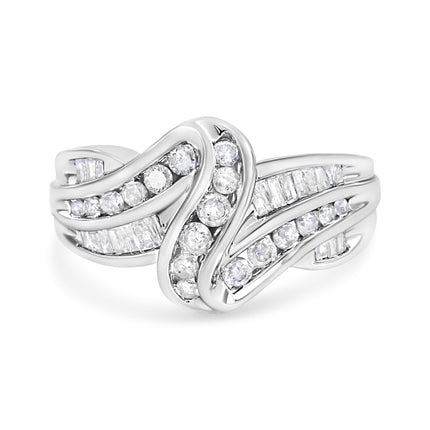 10K White Gold Ring 3/4 Cttw Round and Baguette-Cut Diamond Bypass Ring (H-I Color, I2-I3 Clarity) - Size 6