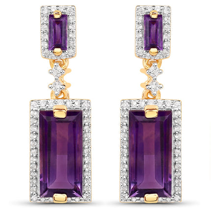 18K Yellow Gold Plated 6.01 Carat Genuine Emerald and White Topaz .925 Sterling Silver Earrings