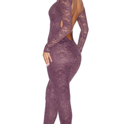 Private View 2-Piece Sheer Lined Lace Catsuit and G-String Set - Cocoa