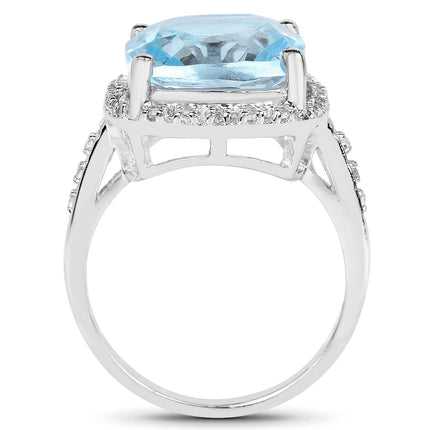 7.18 Carat Genuine Blue Topaz and White Topaz .925 Sterling Silver Ring