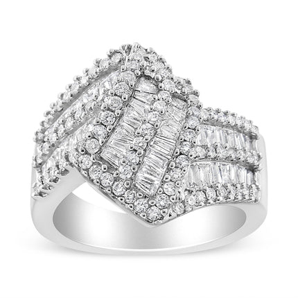14K White Gold 1-1/2 Cttw Round and Baguette Diamond Bypass Cocktail Ring Band (H-I Color, SI1-SI2 Clarity) - Size 7