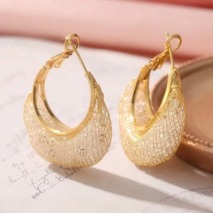 Elegant Crescent Mesh Hoop Earrings with Sparkling Cubic Zirconia