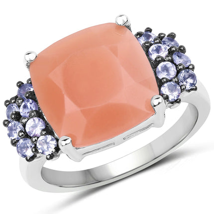 6.18 Ct Peach Moonstone & Tanzanite Ring .925 Sterling Silver | Elegant Gemstone Ring