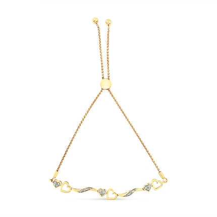 14K Yellow Gold Plated .925 Sterling Silver Diamond Accent Heart and Wave Link Bolo Bracelet (I-J Color, I2-I3 Clarity) - 6" to 9" Adjustable