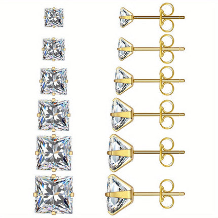 316 Stainless Steel Square Stud Earrings with Cubic Zirconia Accents
